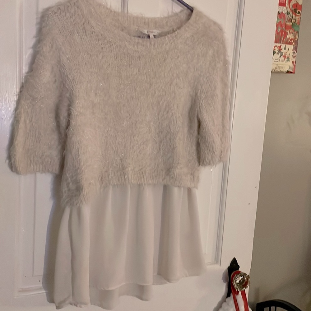 Short sleeve ivory fuzzy sweater with attached sheer bottom